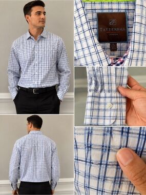 Tattersall London Men's Blue & White Checked Dress Shirt